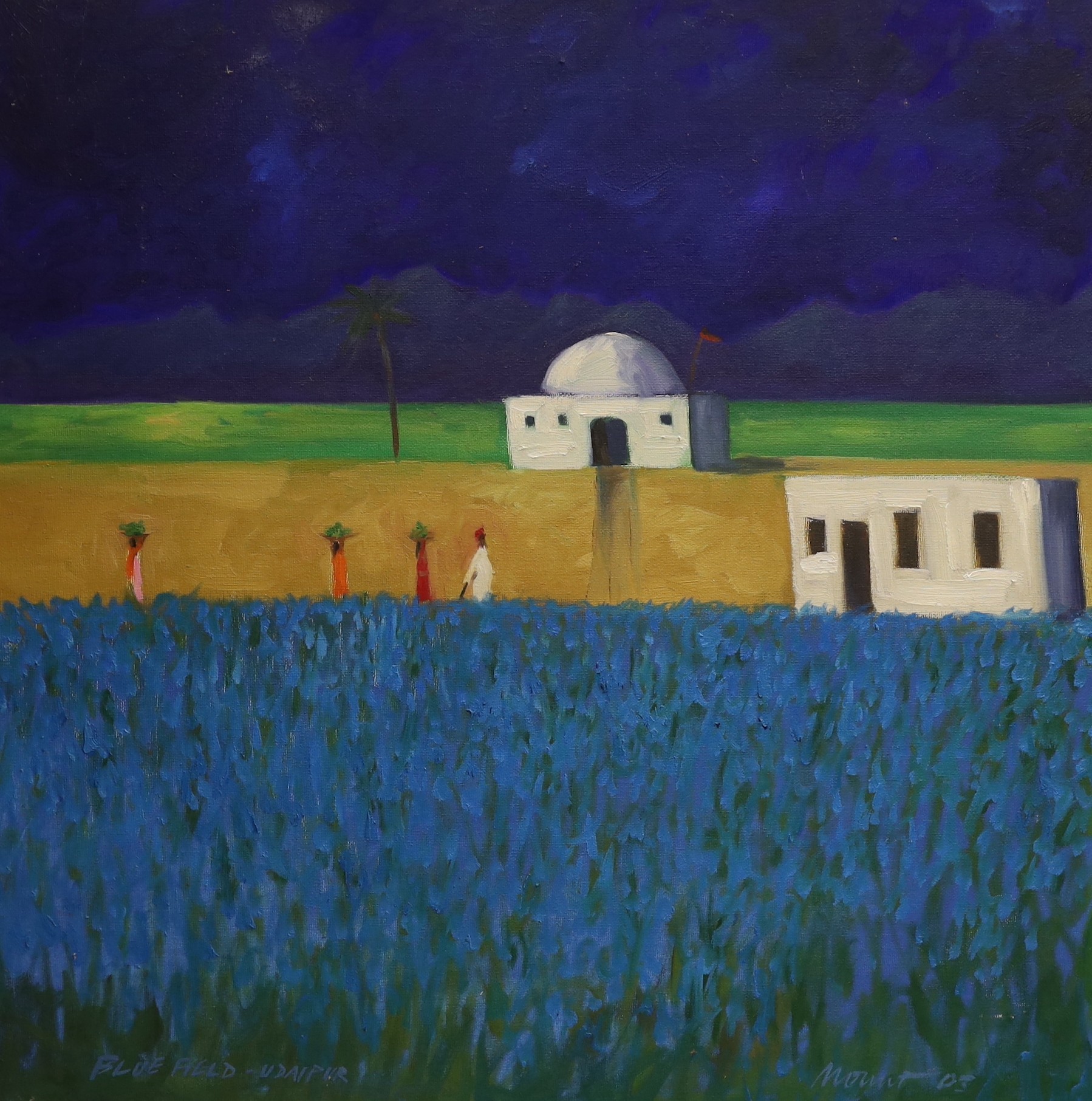 Cyril Mount (1920-2013), oil on canvas, 'Blue Field - Udaipur', signed and dated '05, 61 x 61cm, unframed